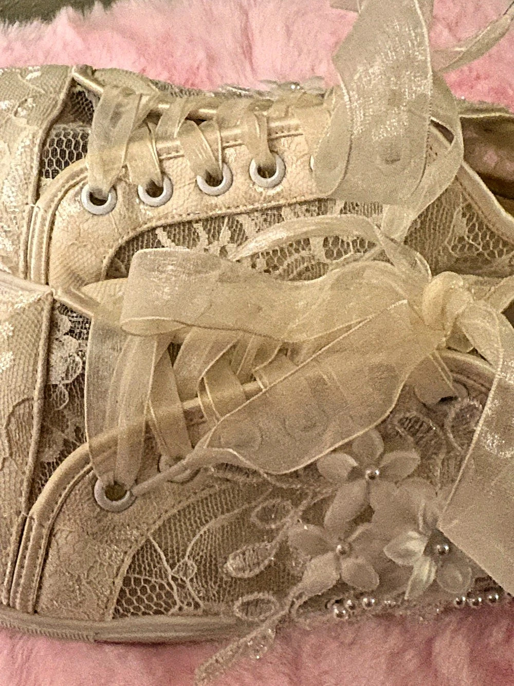 Wedding Lace-Up Floral Sneakers in White
Pearls and Lace
